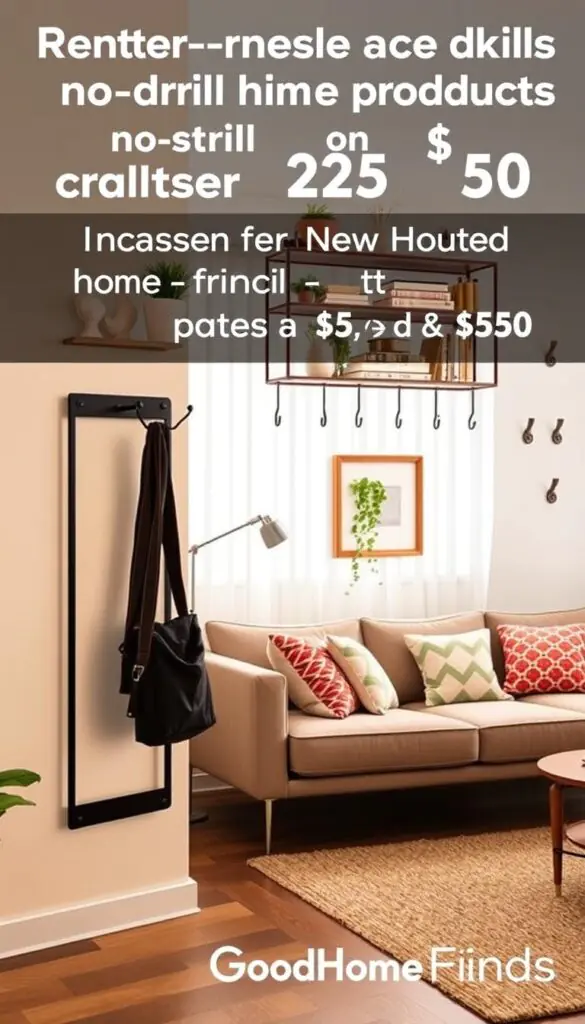 A cozy, modern living space showcasing an array of renter-friendly, no-drill products under $25 and $50, solving common home problems. In the foreground, a stylish wall-mounted coat rack and a multifunctional hanging shelf displaying potted plants, books, and decorative items. The middle ground features a comfortable, inviting sofa adorned with colorful cushions and a small side table with a lamp. A few decorative hooks are arranged artistically on the walls. The background depicts a bright, airy window with sheer curtains, allowing soft natural light to fill the room. The atmosphere feels warm and welcoming, promoting creativity and organization. Realistic Pinterest-style lifestyle, designed for inspiration. GoodHomeFinds branding subtly integrated within the design elements.