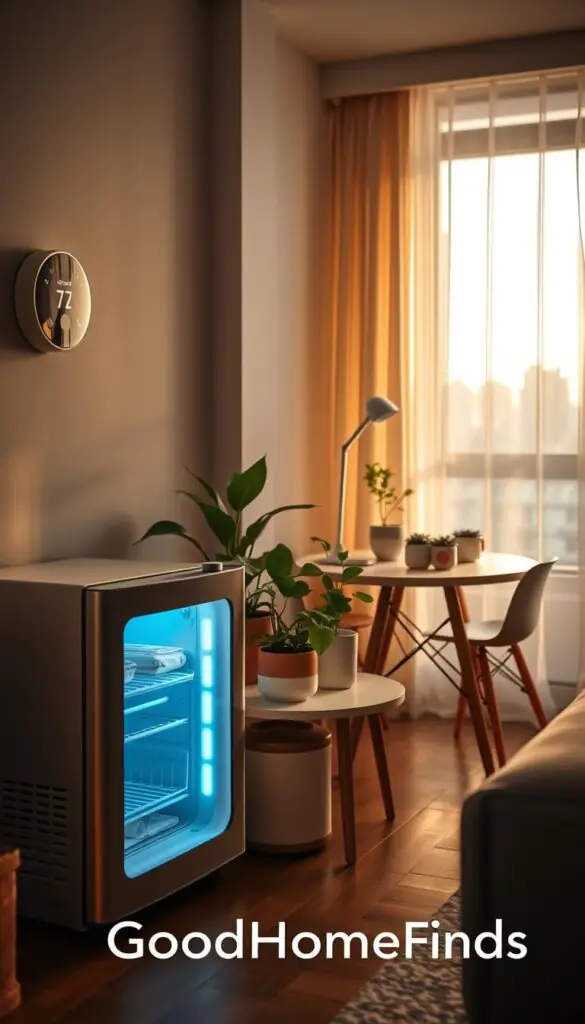 A cozy, modern rental apartment scene focusing on energy savings. In the foreground, a stylish compact energy-efficient appliance, like a mini fridge, is showcased with a subtle glow emanating from its interior. Nearby, a smart thermostat on the wall displays an eco-friendly temperature. In the middle, a small dining table with fresh plants and low-power LED lights creates an inviting atmosphere. The background features a sunlit window with sheer curtains, offering a glimpse of a vibrant cityscape outside. Soft, warm lighting enhances the mood, evoking a sense of comfort and sustainability. The overall composition is inspiring and aspirational, reflecting the ease of energy savings for renters in a chic environment. The brand "GoodHomeFinds" subtly incorporated within the scene as a decorative element.