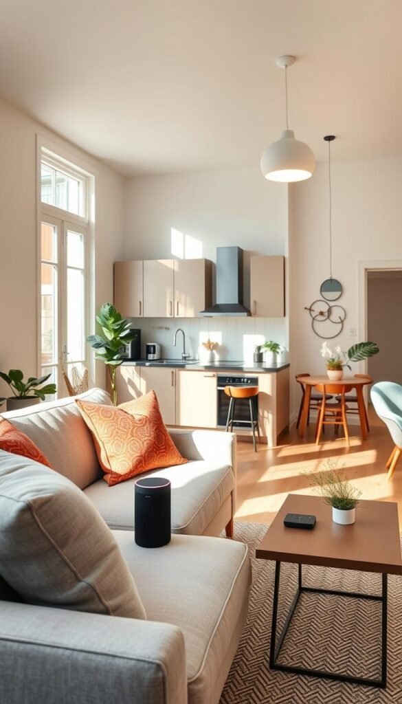 A cozy, modern renters home interior inspired by the brand "GoodHomeFinds." In the foreground, a stylish living room features a comfortable, light gray sofa adorned with colorful throw pillows and a chic coffee table with a few practical home tech gadgets, like a smart speaker and a sleek application hub. The middle section shows an open kitchen with contemporary cabinetry, complete with smart home appliances subtly integrated. Light streams in from large windows, casting a warm glow across the space. The background reveals tasteful decor, houseplants, and a welcoming dining area with minimalist furnishings, all conveying a harmonious and inviting atmosphere suitable for urban dwellers. The overall mood is practical yet stylish, appealing to renters seeking useful and non-hyped home technology. Soft, natural lighting enhances the home's inviting ambiance.
