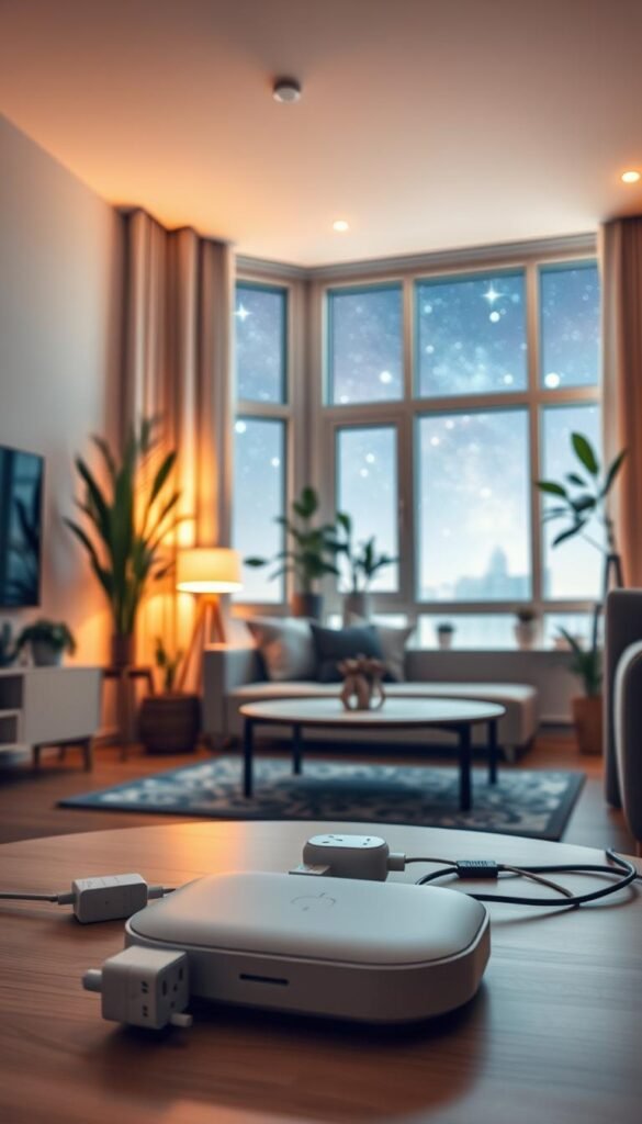 A cozy, modern small apartment interior bathed in warm, soft lighting. In the foreground, a sleek, stylish smart hub sits on a minimalist coffee table, surrounded by a few smart plugs and other electronic devices, creating a tech-friendly atmosphere. The middle ground features a compact yet comfortably furnished living area with a plush couch, modern decor, and potted plants adding life to the space. In the background, large windows reveal a view of a starry night sky, infusing the scene with a sense of tranquility and connection to the cosmos. The camera angle is slightly elevated, offering a wide perspective that conveys the harmony between technology and comfortable living. Mood is peaceful and inviting, highlighting space efficiency and modern living solutions. GoodHomeFinds.