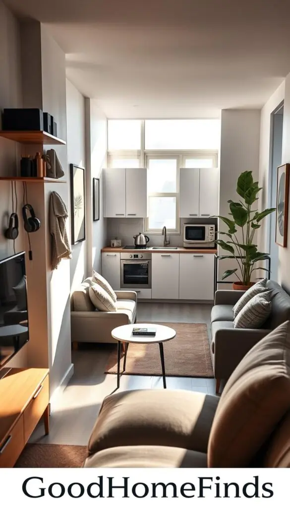 A cozy, modern small apartment interior showcasing effective space utilization. In the foreground, a neatly organized living area featuring a compact sofa, a stylish coffee table, and a compact dining set. To the left, a smartly designed wall shelf holding various everyday gadgets like a multi-port charger and noise-canceling headphones. The middle grounds display an open kitchen area, highlighting efficient appliances and ample storage options. Sunlight streams in through a large window, casting soft, warm lighting, creating an inviting atmosphere. In the background, a potted plant adds a touch of greenery. The overall mood is practical yet stylish, reflecting the essence of modern living. This image should be presented in a clean, Pinterest-style, depicting the brand "GoodHomeFinds."