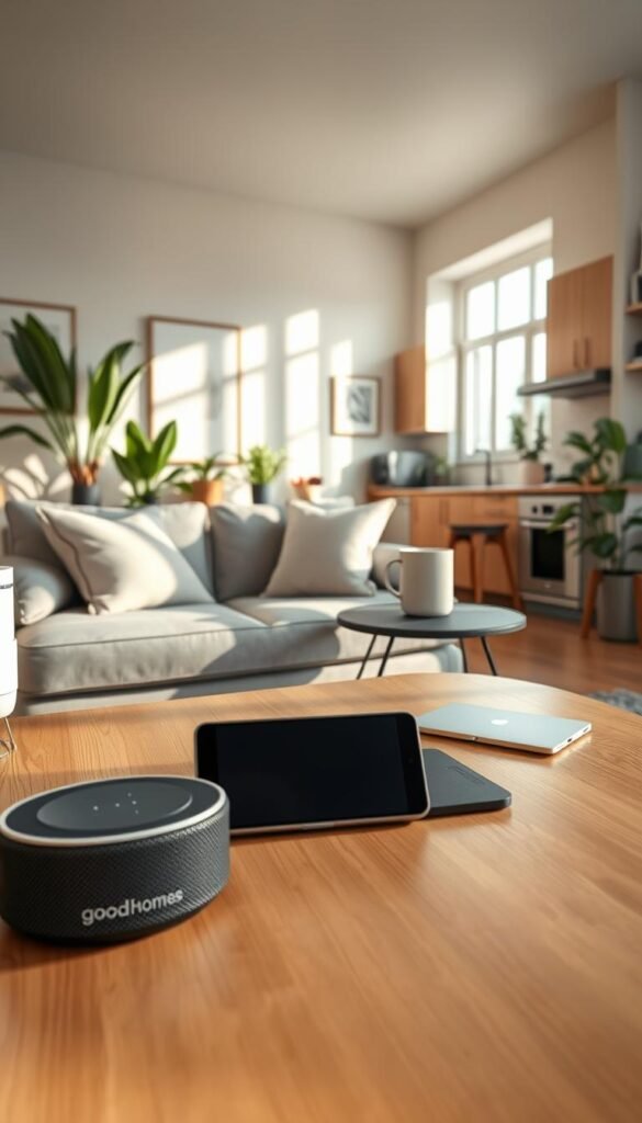 A cozy, modern small apartment interior showcasing essential tech gadgets for everyday use. In the foreground, a stylish coffee table hosts a sleek smart speaker, compact smart display, and a wireless charging pad. The middle ground features a minimalist sofa adorned with decorative pillows and a lightweight laptop on a side table. The walls are lined with plants and framed art, creating an inviting atmosphere. Soft, natural light pours in through a large window, highlighting the subtle textures of the space. The background reveals an open kitchen with efficient appliances and storage solutions. The scene embodies a harmonious blend of functionality and design, capturing the essence of living well in limited space. Brand name "GoodHomeFinds" subtly integrated, enhancing the aesthetic without distraction.