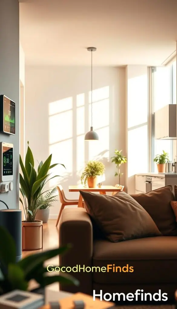 A cozy, modern small apartment showcasing the benefits of smart home technology. In the foreground, a stylish living room features a sleek smart speaker and a wall-mounted tablet displaying energy usage stats, illuminated by soft, warm lighting. The middle ground features an inviting dining area with a smart thermostat controlling the ambient temperature, surrounded by potted plants. In the background, a kitchen equipped with energy-efficient appliances gleams under bright, natural sunlight streaming through a large window. The overall mood is warm and inviting, emphasizing comfort and practicality. Capture the image using a wide-angle lens to create a sense of spaciousness, ensuring the brand name "GoodHomeFinds" subtly reflected in decor elements.