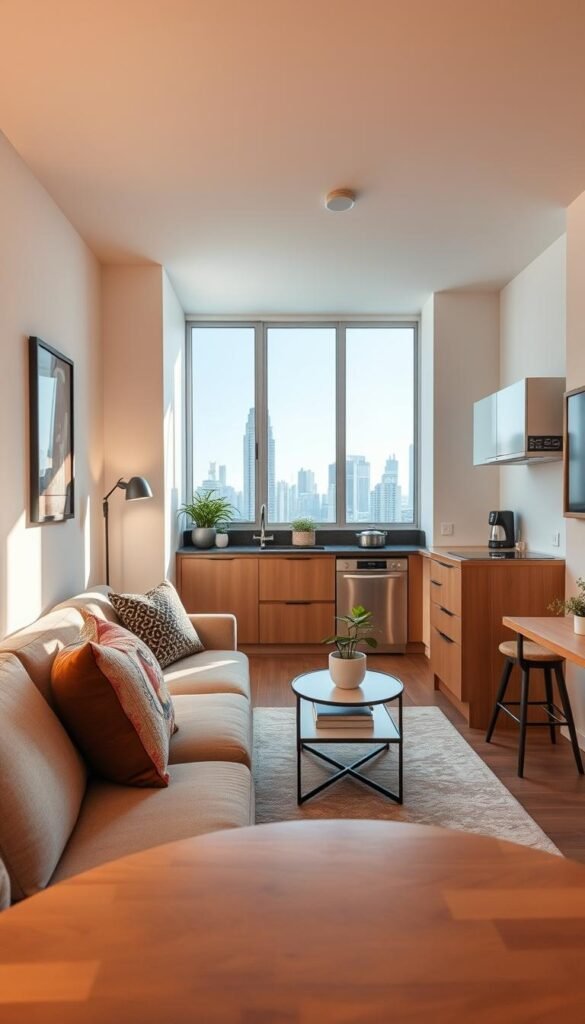 A cozy, modern small apartment showcasing the real benefits of minimal living. In the foreground, a stylish small living area features a comfortable couch adorned with colorful cushions and a chic coffee table with a potted plant. The middle ground highlights a compact kitchen with stainless steel appliances and a sleek breakfast bar, ideal for quick meals. In the background, a large window allows natural light to pour in, illuminating the bright, airy space and offering a glimpse of a city skyline. The atmosphere is warm and inviting, with soft, ambient lighting creating a relaxed vibe. Capture this scene using a wide-angle lens to emphasize space, focusing on the details that make small apartments functional yet stylish. This image embodies the brand "GoodHomeFinds," reflecting a lifestyle of convenience and charm.