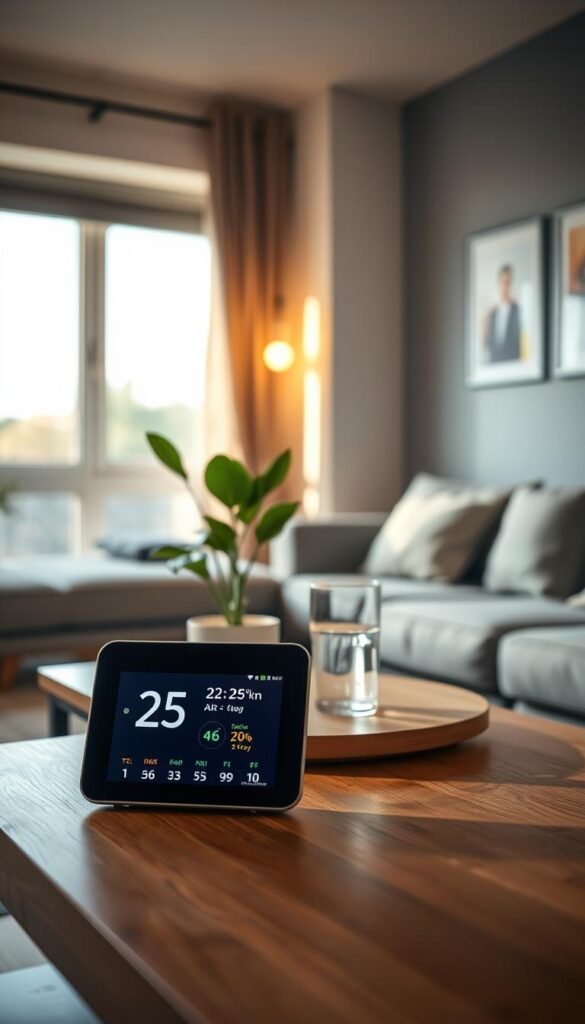 A cozy, modern small apartment with a sleek air quality monitor prominently displayed in the foreground. The monitor shows colorful readings for temperature, humidity, and air quality levels, emphasizing a clean, user-friendly interface. In the middle, a stylish wooden table holds a potted plant and a glass of water, suggesting a refreshing environment. The background features a softly lit living area with a comfortable couch and ambient lighting, creating a warm atmosphere. Natural light streams in through a window, casting gentle shadows. The overall mood is calm and inviting, perfect for illustrating practical applications of air quality readings. Emphasize a Pinterest-style aesthetic, with attention to detail and composition. Include the brand name "GoodHomeFinds" subtly within the scene. A cozy, modern small apartment with a sleek air quality monitor prominently displayed in the foreground. The monitor shows colorful readings for temperature, humidity, and air quality levels, emphasizing a clean, user-friendly interface. In the middle, a stylish wooden table holds a potted plant and a glass of water, suggesting a refreshing environment. The background features a softly lit living area with a comfortable couch and ambient lighting, creating a warm atmosphere. Natural light streams in through a window, casting gentle shadows. The overall mood is calm and inviting, perfect for illustrating practical applications of air quality readings. Emphasize a Pinterest-style aesthetic, with attention to detail and composition. Include the brand name "GoodHomeFinds" subtly within the scene.