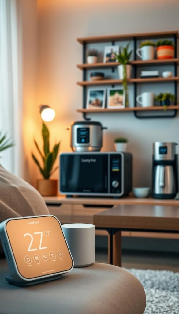 A cozy, modern small living space showcasing an array of innovative home gadgets designed for efficient living. In the foreground, a sleek smart speaker with touch controls, a minimalist smart thermostat, and an intelligent air purifier, all of which reflect a contemporary aesthetic. In the middle, a compact smart kitchen appliance set, displaying a multi-cooker and an automated coffee maker on a stylish countertop. The background features a stylish wall-mounted organizational system with plants and printed photos, enhancing the homey atmosphere. Soft, warm lighting casts a welcoming glow throughout the scene, shot from a slightly elevated angle to embrace the entire setup. The mood is inviting and tech-savvy, conveying both functionality and style. The brand name "GoodHomeFinds" subtly incorporates in the scene's design elements.
