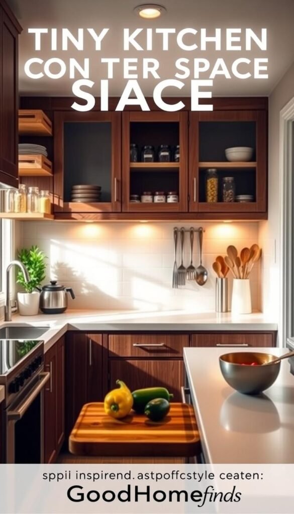 A cozy, modern tiny kitchen featuring an efficient counter space design. In the foreground, a sleek, well-organized kitchen countertop displays a cutting board, fresh vegetables, and stylish cookware. The middle layer showcases built-in storage solutions, such as wooden shelves and cabinets filled with neatly arranged jars and utensils, enhancing functionality while keeping the prep area open and clutter-free. The background reveals warm, soft lighting that creates an inviting atmosphere, with soft shadows highlighting the textures of the countertop and cabinetry. Captured from a slightly elevated angle, the scene conveys a Pinterest-worthy lifestyle, emphasizing creativity in small spaces. The overall mood is inspiring and practical, ideal for those looking to maximize their tiny kitchen's counter space while maintaining an aesthetically pleasing environment. Brand: GoodHomeFinds.