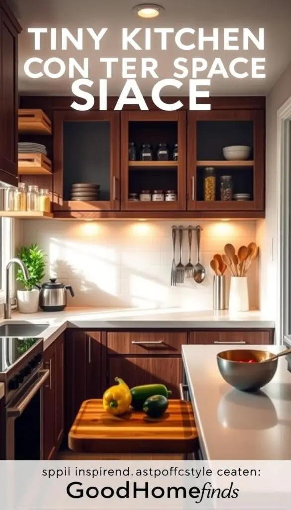 A cozy, modern tiny kitchen featuring an efficient counter space design. In the foreground, a sleek, well-organized kitchen countertop displays a cutting board, fresh vegetables, and stylish cookware. The middle layer showcases built-in storage solutions, such as wooden shelves and cabinets filled with neatly arranged jars and utensils, enhancing functionality while keeping the prep area open and clutter-free. The background reveals warm, soft lighting that creates an inviting atmosphere, with soft shadows highlighting the textures of the countertop and cabinetry. Captured from a slightly elevated angle, the scene conveys a Pinterest-worthy lifestyle, emphasizing creativity in small spaces. The overall mood is inspiring and practical, ideal for those looking to maximize their tiny kitchen's counter space while maintaining an aesthetically pleasing environment. Brand: GoodHomeFinds. A cozy, modern tiny kitchen featuring an efficient counter space design. In the foreground, a sleek, well-organized kitchen countertop displays a cutting board, fresh vegetables, and stylish cookware. The middle layer showcases built-in storage solutions, such as wooden shelves and cabinets filled with neatly arranged jars and utensils, enhancing functionality while keeping the prep area open and clutter-free. The background reveals warm, soft lighting that creates an inviting atmosphere, with soft shadows highlighting the textures of the countertop and cabinetry. Captured from a slightly elevated angle, the scene conveys a Pinterest-worthy lifestyle, emphasizing creativity in small spaces. The overall mood is inspiring and practical, ideal for those looking to maximize their tiny kitchen's counter space while maintaining an aesthetically pleasing environment. Brand: GoodHomeFinds.