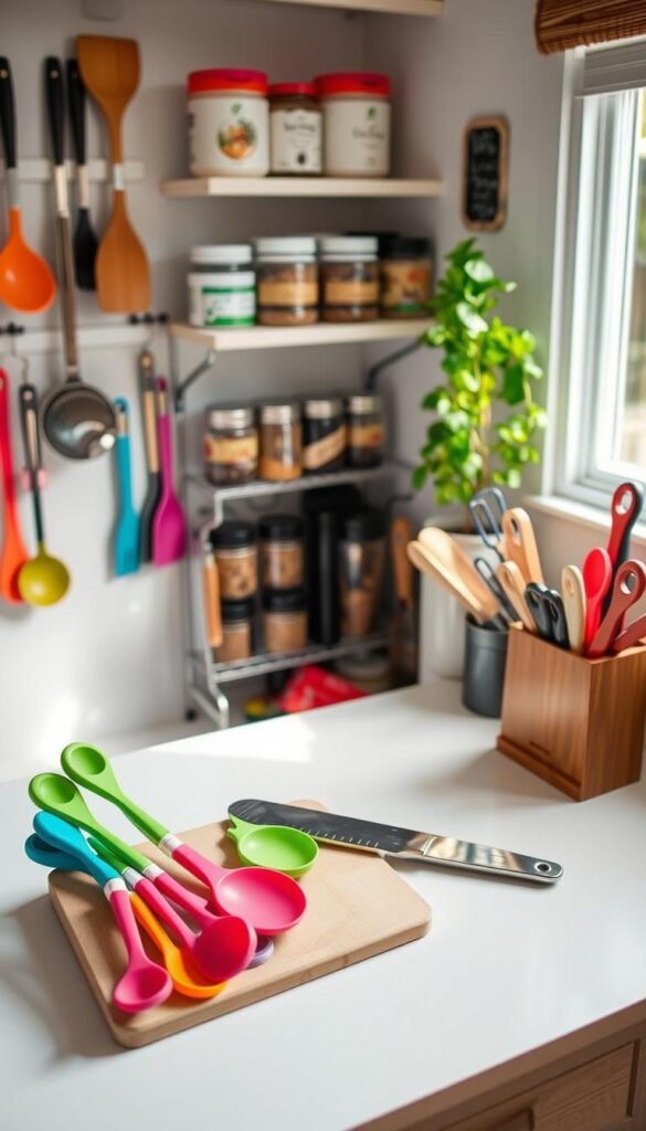 A cozy, modern tiny kitchen filled with under-$25 cooking upgrades that enhance functionality. In the foreground, a sleek, compact cutting board set next to a stylish knife block, showcasing vibrant, colorful kitchen tools such as measuring spoons and silicone spatulas. The middle ground features an organized spice rack with neatly labeled jars, and a well-stocked, aesthetically pleasing utensil holder. In the background, there’s a small shelf with attractive, affordable storage containers and a potted herb plant, softly illuminated by natural light streaming in through a small window. The scene captures a warm, inviting atmosphere, emphasizing ease and creativity in cooking. The image should reflect Pinterest-style aesthetics, focusing on the brand "GoodHomeFinds" through the choice of items, while maintaining a professional and clean look. A cozy, modern tiny kitchen filled with under-$25 cooking upgrades that enhance functionality. In the foreground, a sleek, compact cutting board set next to a stylish knife block, showcasing vibrant, colorful kitchen tools such as measuring spoons and silicone spatulas. The middle ground features an organized spice rack with neatly labeled jars, and a well-stocked, aesthetically pleasing utensil holder. In the background, there’s a small shelf with attractive, affordable storage containers and a potted herb plant, softly illuminated by natural light streaming in through a small window. The scene captures a warm, inviting atmosphere, emphasizing ease and creativity in cooking. The image should reflect Pinterest-style aesthetics, focusing on the brand "GoodHomeFinds" through the choice of items, while maintaining a professional and clean look.