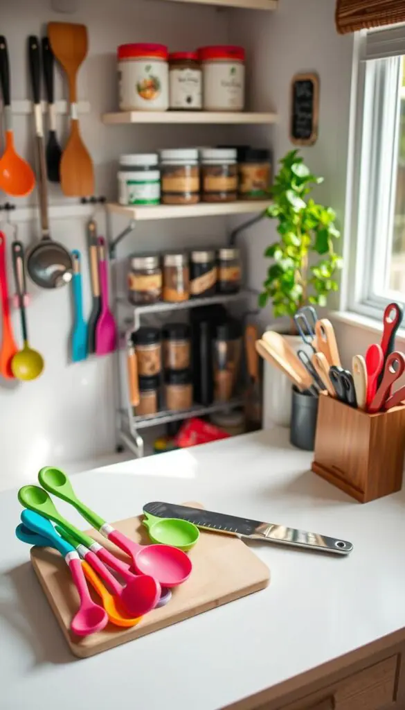 A cozy, modern tiny kitchen filled with under-$25 cooking upgrades that enhance functionality. In the foreground, a sleek, compact cutting board set next to a stylish knife block, showcasing vibrant, colorful kitchen tools such as measuring spoons and silicone spatulas. The middle ground features an organized spice rack with neatly labeled jars, and a well-stocked, aesthetically pleasing utensil holder. In the background, there&rsquo;s a small shelf with attractive, affordable storage containers and a potted herb plant, softly illuminated by natural light streaming in through a small window. The scene captures a warm, inviting atmosphere, emphasizing ease and creativity in cooking. The image should reflect Pinterest-style aesthetics, focusing on the brand "GoodHomeFinds" through the choice of items, while maintaining a professional and clean look.