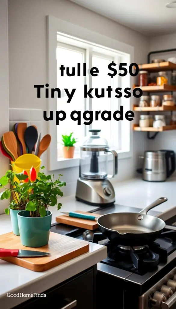 A cozy, modern tiny kitchen showcasing under-$50 cooking upgrades. In the foreground, display a compact countertop herb garden with vibrant green plants in stylish pots, a sleek cutting board, and a colorful set of utensils. In the middle, highlight a small, elegant food processor and a multifunctional cast-iron skillet resting on a gas stove. The background features open shelving with organized glass jars filled with spices and ingredients, lending a sense of order and style. Soft, natural lighting streams in from a window, creating an inviting atmosphere. Use a slightly elevated angle for a dynamic view. Capture the essence of efficiency and creativity in small spaces, reflecting the brand "GoodHomeFinds".