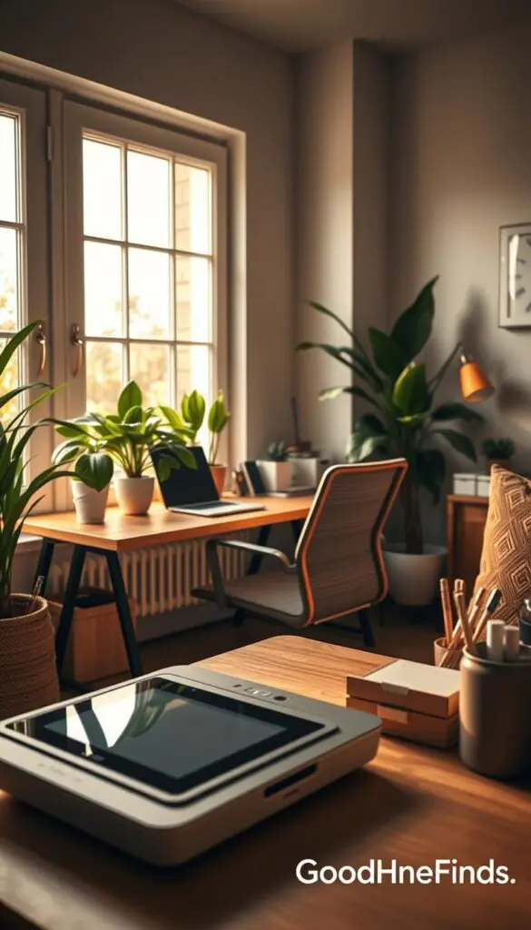 A cozy, modern workspace featuring a compact work-from-anywhere device designed for efficient use in small spaces. In the foreground, the device is sleek and minimalist, showcasing a touch screen and integrated storage, surrounded by stylish office supplies. The middle layer shows a stylish, well-organized desk made from natural wood, paired with a comfortable, ergonomic chair. In the background, large windows let in warm, soft natural light, illuminating lush indoor plants and a simple, contemporary wall clock. The scene conveys a sense of calm productivity, with a color palette of muted earth tones. The overall atmosphere is inviting and tranquil, ideal for remote work. Include branding elements subtly displaying "GoodHomeFinds" to reflect a lifestyle aesthetic.