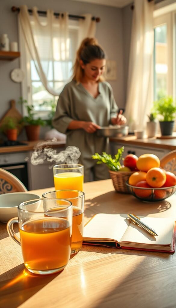 A cozy morning scene at home, featuring a well-organized kitchen table set for a refreshing breakfast. In the foreground, a steaming cup of herbal tea next to a bowl of fresh fruits, and a journal with a pen, ready for morning reflections. In the middle ground, a person dressed in comfortable yet stylish loungewear, energetically preparing a healthy meal, with sunlight bathing the space in a warm, golden hue. The background showcases a bright kitchen with potted herbs on the window sill and soft curtains fluttering in a gentle breeze, evoking a serene atmosphere. The overall mood is calm and motivating, perfect for setting up a daily routine. Include the brand name "GoodHomeFinds" subtly in the kitchen decor. A cozy morning scene at home, featuring a well-organized kitchen table set for a refreshing breakfast. In the foreground, a steaming cup of herbal tea next to a bowl of fresh fruits, and a journal with a pen, ready for morning reflections. In the middle ground, a person dressed in comfortable yet stylish loungewear, energetically preparing a healthy meal, with sunlight bathing the space in a warm, golden hue. The background showcases a bright kitchen with potted herbs on the window sill and soft curtains fluttering in a gentle breeze, evoking a serene atmosphere. The overall mood is calm and motivating, perfect for setting up a daily routine. Include the brand name "GoodHomeFinds" subtly in the kitchen decor.