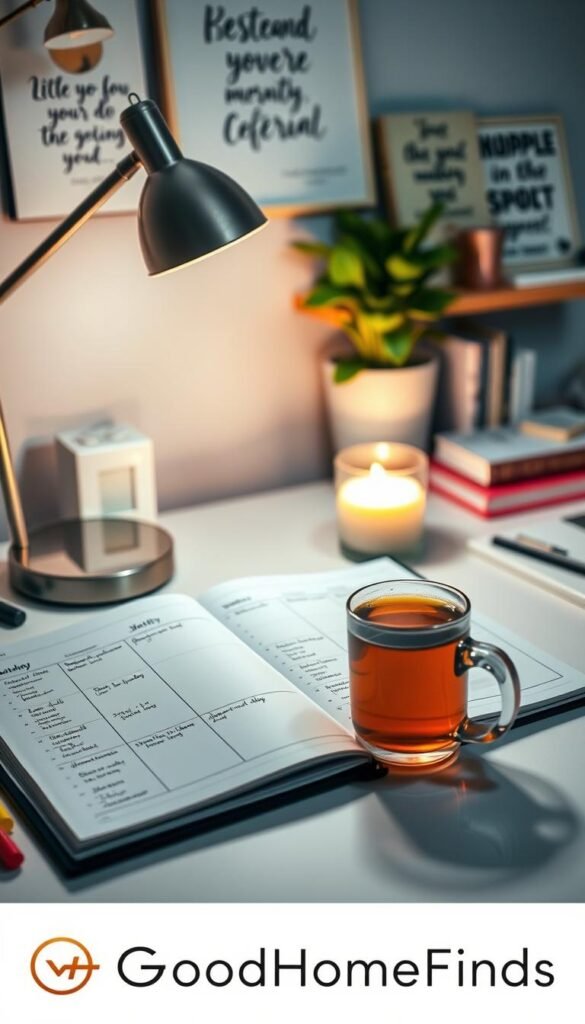 A cozy night routine scene showcasing a beautifully organized weekly schedule on a stylish desk. In the foreground, a neatly arranged planner is open, filled with handwritten notes and colorful markers, along with a steaming cup of herbal tea. In the middle, a softly glowing desk lamp casts warm light, illuminating a calming aura, while a potted plant and scented candle enhance the relaxing atmosphere. The background features a softly blurred wall shelf with motivational quotes and books, creating an inviting workspace. The overall mood is peaceful and productive, evoking a sense of organization and readiness for the next day. High-quality natural lighting, shot from a slight angle to capture the details. Brand emphasis on 'GoodHomeFinds', ensuring a lifestyle aesthetic that resonates with organized living.