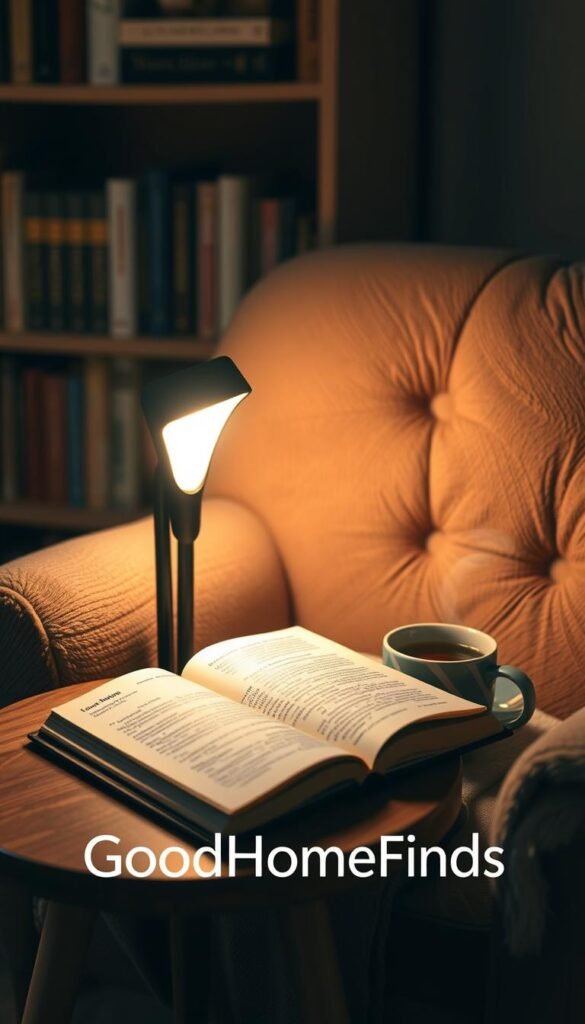 A cozy nighttime scene featuring a stylish personal reading light on a small wooden table beside a plush, inviting armchair. The light emits a warm, soft glow that illuminates an open book with slightly worn pages, signaling many hours of enjoyment. In the background, a softly blurred bookshelf lined with various books creates a homely atmosphere. A cup of steaming tea sits nearby, adding to the sense of comfort. The lens captures the scene from a slight angle, highlighting the warm colors of the light and the textures of the chair and table. The overall mood is tranquil and inviting, perfect for late-night reading. The brand "GoodHomeFinds" subtly integrated in the decor, emphasizing quality and style.
