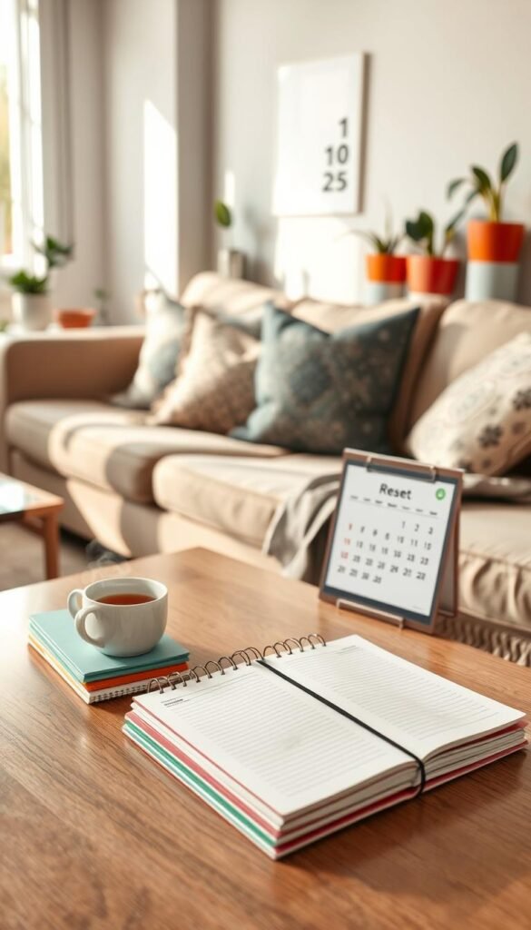 A cozy, organized living room reflecting a "Quick-Start Reset" vibe for overwhelmed days. In the foreground, a tidy coffee table with a neatly stacked set of colorful notebooks and an open planner, paired with a steaming cup of tea. The middle layer features a soft, inviting couch with decorative cushions, and on the wall, a simple calendar marking a reset day. The background reveals warm, natural light streaming through a window, illuminating houseplants in vibrant pots. The mood is calm and refreshing, focusing on simplicity and mindfulness. The image captures a comfortable home environment, emphasizing organization without clutter. Styled in a Pinterest-worthy aesthetic, showcasing practicality for everyday living. GoodHomeFinds. A cozy, organized living room reflecting a "Quick-Start Reset" vibe for overwhelmed days. In the foreground, a tidy coffee table with a neatly stacked set of colorful notebooks and an open planner, paired with a steaming cup of tea. The middle layer features a soft, inviting couch with decorative cushions, and on the wall, a simple calendar marking a reset day. The background reveals warm, natural light streaming through a window, illuminating houseplants in vibrant pots. The mood is calm and refreshing, focusing on simplicity and mindfulness. The image captures a comfortable home environment, emphasizing organization without clutter. Styled in a Pinterest-worthy aesthetic, showcasing practicality for everyday living. GoodHomeFinds.