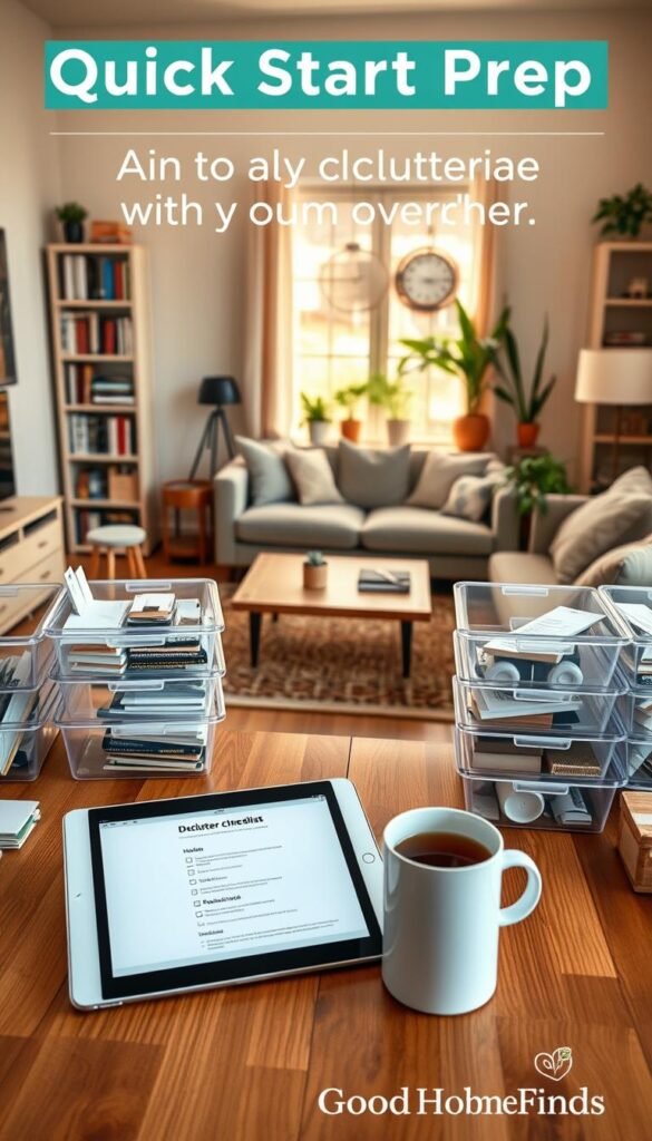 A cozy, organized living space showcasing a "quick start prep" for decluttering without overwhelm. In the foreground, a tidy wooden table is adorned with neatly stacked clear storage bins filled with office supplies and small household items. On the table, a digital tablet displays a minimalist decluttering checklist, with a steaming mug of herbal tea nearby. The middle layer features an inviting living room scene, with a comfortable sofa adorned with soft cushions and a stylish rug, surrounded by well-organized bookshelves. In the background, a window bathes the room in warm, natural light, highlighting potted plants that add a refreshing touch. The atmosphere is calm and motivating, inspiring viewers to jump into their decluttering journey. Create this image in a realistic, Pinterest-style lifestyle format for "GoodHomeFinds". A cozy, organized living space showcasing a "quick start prep" for decluttering without overwhelm. In the foreground, a tidy wooden table is adorned with neatly stacked clear storage bins filled with office supplies and small household items. On the table, a digital tablet displays a minimalist decluttering checklist, with a steaming mug of herbal tea nearby. The middle layer features an inviting living room scene, with a comfortable sofa adorned with soft cushions and a stylish rug, surrounded by well-organized bookshelves. In the background, a window bathes the room in warm, natural light, highlighting potted plants that add a refreshing touch. The atmosphere is calm and motivating, inspiring viewers to jump into their decluttering journey. Create this image in a realistic, Pinterest-style lifestyle format for "GoodHomeFinds".