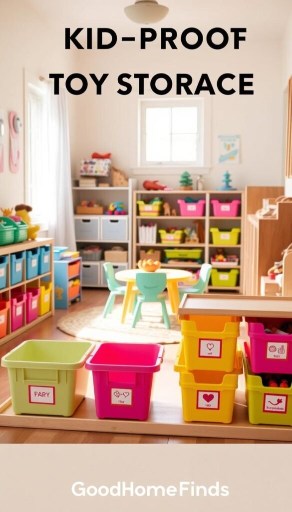A cozy, organized playroom with a focus on "kid-proof toy storage" featuring vibrant, child-friendly storage solutions. In the foreground, sturdy bins labeled with icons are neatly arranged on a shelf, filled with colorful toys. The middle ground showcases an inviting rug and a small, child-sized table surrounded by playful chairs. Soft natural light filters through a nearby window, casting a warm glow over the scene. In the background, gentle pastel-colored walls with playful artwork create an uplifting atmosphere. Use a slightly elevated angle to capture the entire space harmoniously, evoking a sense of order and creativity. Ensure the image embodies a Pinterest-style aesthetic, reflecting the brand "GoodHomeFinds" with a focus on functional and aesthetic organization for homes with kids.