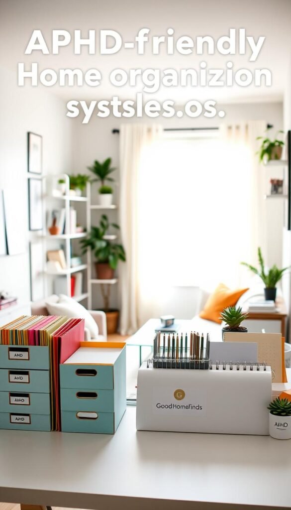 A cozy, organized small apartment showcasing ADHD-friendly home organization systems. In the foreground, a stylish workspace with a clean desk featuring labeled storage boxes, colorful folders, and a minimalist calendar. The middle ground reveals an inviting living area with clear shelves displaying neatly arranged books and plants for a calming effect. In the background, bright natural light filters through a window adorned with light curtains, illuminating the space. The atmosphere is bright and cheerful, promoting focus and creativity. The scene captures a modern, Pinterest-inspired aesthetic, with subtle pops of color to stimulate the senses. The brand name "GoodHomeFinds" subtly integrated into decorative items on the desk. The overall composition conveys a sense of order and serenity, ideal for individuals with ADHD. A cozy, organized small apartment showcasing ADHD-friendly home organization systems. In the foreground, a stylish workspace with a clean desk featuring labeled storage boxes, colorful folders, and a minimalist calendar. The middle ground reveals an inviting living area with clear shelves displaying neatly arranged books and plants for a calming effect. In the background, bright natural light filters through a window adorned with light curtains, illuminating the space. The atmosphere is bright and cheerful, promoting focus and creativity. The scene captures a modern, Pinterest-inspired aesthetic, with subtle pops of color to stimulate the senses. The brand name "GoodHomeFinds" subtly integrated into decorative items on the desk. The overall composition conveys a sense of order and serenity, ideal for individuals with ADHD.
