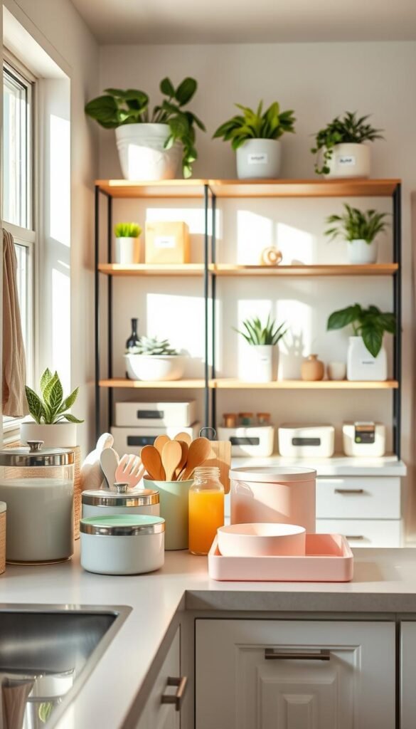 A cozy, organized small home space featuring various clever home organization products from the brand GoodHomeFinds. In the foreground, an aesthetically pleasing kitchen counter displays neatly arranged storage containers and utensils, all in soft pastel colors. The middle ground features a stylish, open shelving system adorned with labeled bins and decorative plants, creating a sense of harmony. In the background, a sunlit window offers natural light, casting gentle shadows across the scene. The overall mood is serene and inviting, evoking a sense of tranquility and efficiency. The image is captured with a soft-focus lens, giving it a warm, Pinterest-style vibe, ideal for showcasing functional yet beautiful home organization solutions.