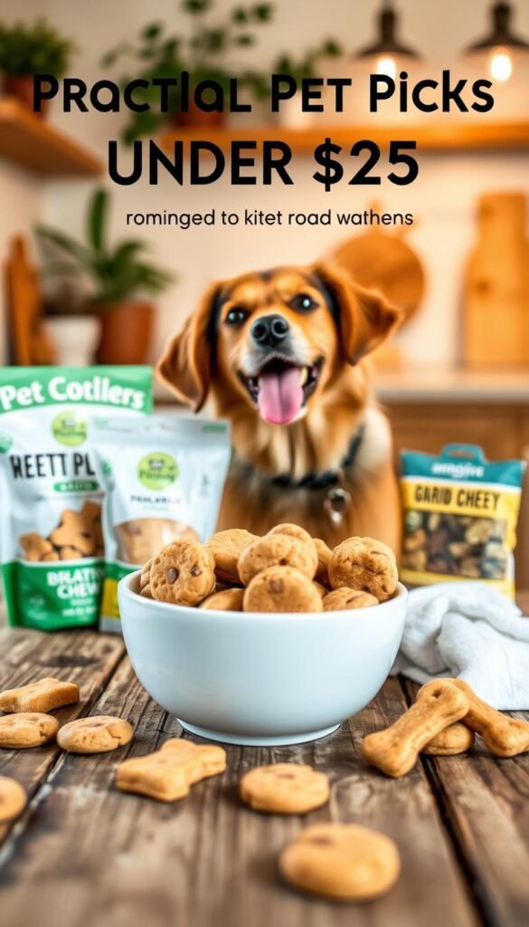 A cozy pet treat setup showcasing a variety of high-quality, practical dog treats designed for pampering without gimmicks. In the foreground, a rustic wooden table features a blurred bowl filled with healthy, grain-free cookies and dental chews, with a few treats artfully scattered around, highlighting their textures. In the middle, a cheerful dog happily sniffs at the treats, adding a playful and inviting touch. The background features soft, warm lighting, with a blurred homey kitchen scene that includes plant decor and pet-approved accessories. The atmosphere is wholesome and inviting, evoking a sense of comfort and care for pets. Ideal for a Pinterest-style lifestyle photo, no text overlay, capturing the essence of practical pet picks under $25 from GoodHomeFinds.