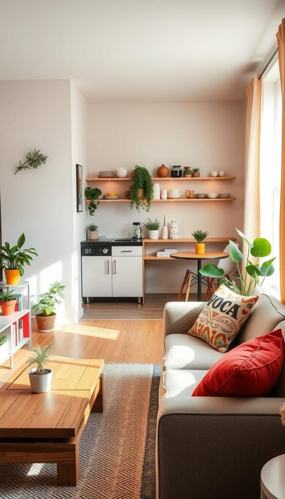 A cozy renter-friendly apartment showcasing clever small space solutions. In the foreground, a stylish living area features a compact yet functional sofa adorned with vibrant cushions, facing a coffee table made of reclaimed wood. To the side, a sleek bookshelf filled with plants and books adds life. In the middle ground, a modern kitchenette with open shelving displays colorful dishware, while a small dining nook with a round table is illuminated by soft, warm lighting. The background reveals a bright window adorned with light, sheer curtains, allowing natural sunlight to flood the space. The overall atmosphere is inviting and practical, exemplifying contemporary apartment living. The image captures a blend of comfort and smart design, ideal for renters, styled in a Pinterest-inspired aesthetic. Shot with a 35mm lens to enhance depth and detail, under soft daylight conditions. GoodHomeFinds.