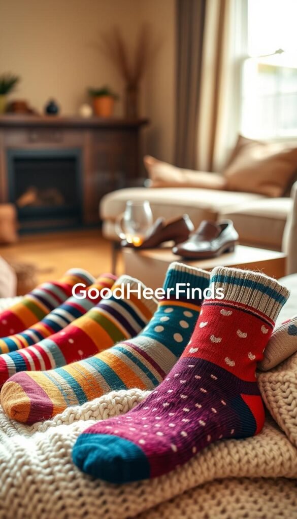 A cozy scene featuring an array of colorful socks neatly arranged on a soft, white knitted blanket in the foreground. The socks showcase various patterns, including stripes, polka dots, and solid colors, the textiles appear plush and inviting. In the middle ground, a pair of stylish leather loafers and a steaming cup of herbal tea suggest a moment of relaxation and comfort. The background features a softly blurred warm-toned living space with a soft ambient glow from a nearby window, enhancing the cozy atmosphere. The photo is captured with a shallow depth of field using a 50mm lens, with natural light casting gentle shadows, creating a sense of warmth and inviting comfort. The branding "GoodHomeFinds" is subtly integrated into the sock pattern, emphasizing a stylish yet practical approach.