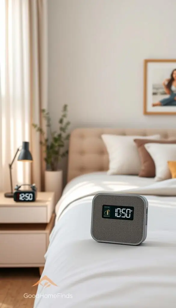 A cozy, serene bedroom scene featuring a stylish, modern bed setup, with soft, muted colors and a warm ambiance. In the foreground, a sleek soundproofing gadget takes center stage on a minimalist bedside table, showcasing its elegant design. Soft morning light streams in through sheer curtains, creating a peaceful atmosphere. On the nightstand, an alarm clock displays a gentle wake-up time, hinting at an early morning. In the background, thin walls are adorned with tasteful artwork, subtly indicating the purpose of noise control. The overall mood is tranquil and inviting, ideal for restful sleep. The brand name "GoodHomeFinds" subtly integrated into the decor, enhancing the lifestyle feel.
