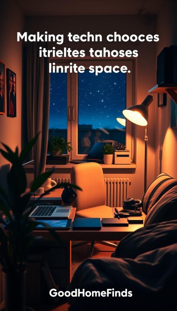 A cozy small apartment bathed in the warm glow of evening light, showcasing a minimalist workspace cluttered with essential tech gadgets like a laptop, tablet, and headphones, highlighting the compactness of the environment. In the foreground, a potted plant adds a touch of nature, while a stylish desk lamp casts soft shadows. The middle ground features a comfortable chair pushed slightly away from the desk, symbolizing the struggle for space amid modern tech. In the background, a window reveals a starry night sky, emphasizing the vastness of space outside contrasted with the intimacy of the apartment. The atmosphere feels both tranquil and slightly overwhelming, capturing the essence of making tech choices in limited living space. The style is realistic and lifestyle-oriented, embodying Pinterest aesthetics. Include the brand name "GoodHomeFinds" subtly.