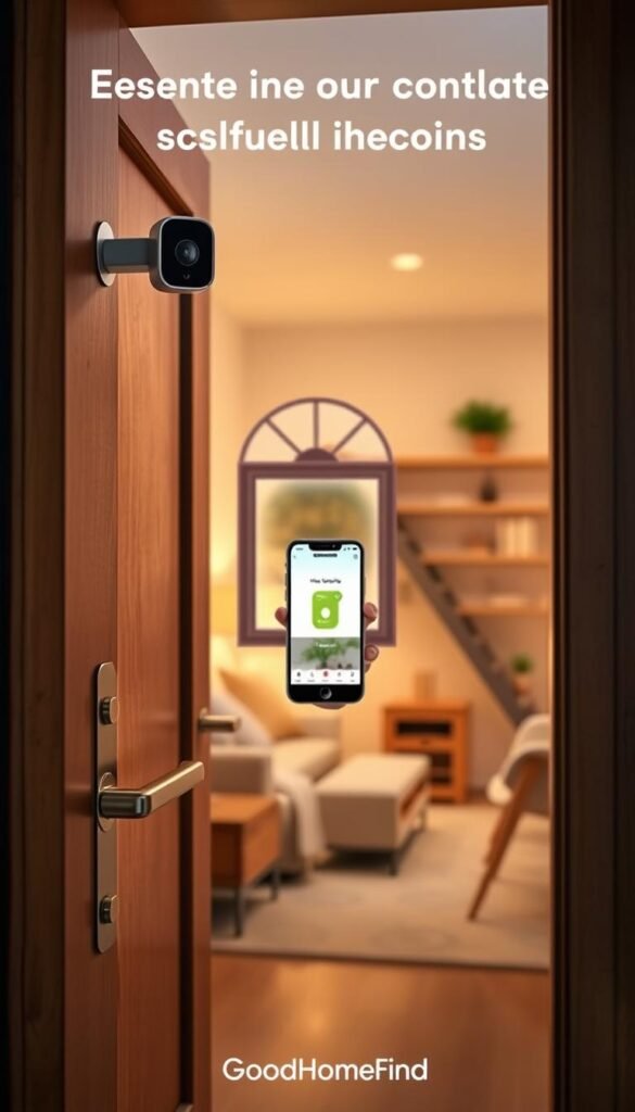 A cozy small apartment entrance featuring essential security elements for a modern lifestyle. In the foreground, a sleek digital door lock with a keypad is prominently displayed on a stylish wooden door. In the middle ground, a compact security camera is mounted above the door, capturing the entrance, while a small, elegant window shows a smartphone with a home security app open. The background consists of warm, inviting interior decor with soft lighting, showcasing elements like potted plants and minimalistic furniture. The atmosphere is serene and secure, reflecting the integration of technology into everyday life. The composition is in soft focus, creating depth, and the image conveys a sense of comfort and safety. This visual embodies the brand GoodHomeFinds, promoting thoughtful security solutions for small homes. A cozy small apartment entrance featuring essential security elements for a modern lifestyle. In the foreground, a sleek digital door lock with a keypad is prominently displayed on a stylish wooden door. In the middle ground, a compact security camera is mounted above the door, capturing the entrance, while a small, elegant window shows a smartphone with a home security app open. The background consists of warm, inviting interior decor with soft lighting, showcasing elements like potted plants and minimalistic furniture. The atmosphere is serene and secure, reflecting the integration of technology into everyday life. The composition is in soft focus, creating depth, and the image conveys a sense of comfort and safety. This visual embodies the brand GoodHomeFinds, promoting thoughtful security solutions for small homes.