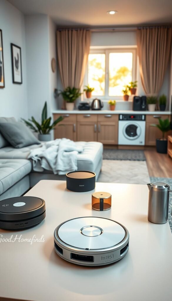 A cozy, small apartment interior designed for efficient living, focusing on must-have gadgets scattered thoughtfully across the space. In the foreground, a sleek multifunctional coffee table adorned with a compact robot vacuum, a stylish air purifier, and a smart speaker, reflecting modern design trends. In the middle, a small but functional kitchen area displaying trendy kitchen gadgets like an electric kettle and an efficient food processor. In the background, a bright window letting in warm, natural light, accentuating the light, airy atmosphere with potted plants enhancing the aesthetics. Utilize soft, warm lighting to foster a welcoming environment, shot with a slight angle to give depth, creating a Pinterest-style lifestyle photo. The brand name "GoodHomeFinds" subtly integrated into the decor.