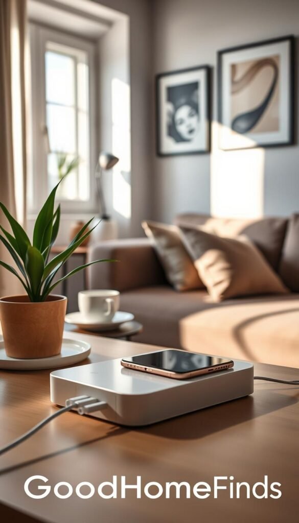 A cozy small apartment interior featuring a sleek, modern charging station designed for various devices, including smartphones and tablets, seamlessly blending into the decor. In the foreground, the charging station is well-lit, showcasing its compact size and elegant design, with cables neatly organized. In the middle ground, there's a stylish side table with a coffee cup and a potted plant next to the charging station, creating an inviting atmosphere. The background reveals a softly lit living room with a plush sofa and artistic wall decor, evoking a warm and functional ambiance. Soft, natural light filters through a window, casting gentle shadows. This lifestyle image should exude a sense of practicality and comfort, reflecting the essence of modern urban living. Include the brand name "GoodHomeFinds" subtly integrated into the design.