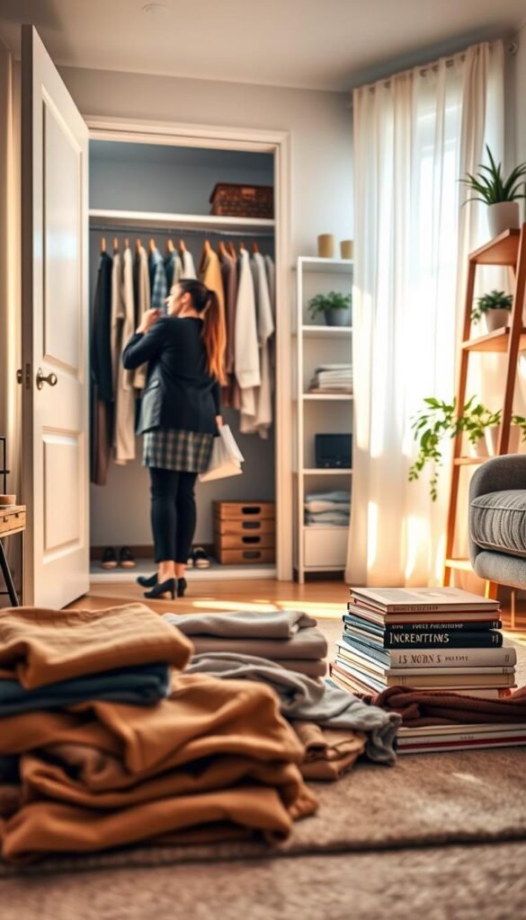 A cozy small apartment interior in the process of decluttering, showcasing the "clutter method." In the foreground, a stylish, organized pile of neatly folded clothes and books in natural, earthy tones rests on a soft, neutral-toned rug. The middle layer features an open closet with hangers organized by color and a clutter-free shelf with plants and decorative items, maintaining a minimalist aesthetic. The background reveals a light-filled window with sheer white curtains, adding a breezy, inviting atmosphere. Soft, warm lighting casts gentle shadows, emphasizing the serene environment. A person in professional business attire tidies up a room, reflecting a sense of calm and focus. The overall mood is peaceful, organized, and rejuvenating, ideal for a lifestyle aesthetic from GoodHomeFinds.