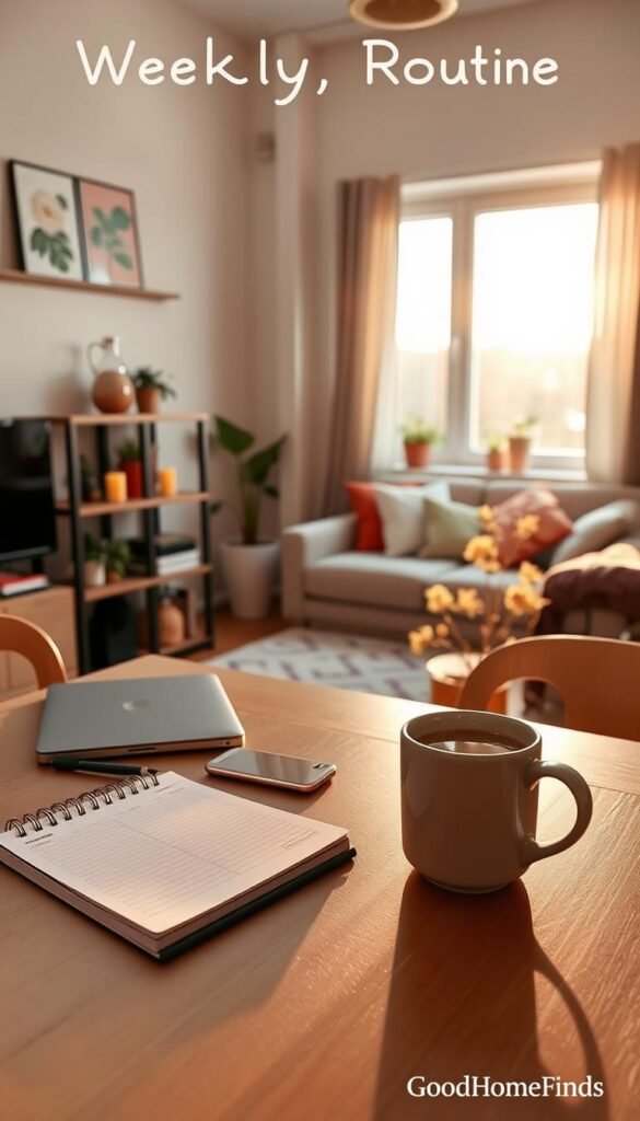 A cozy small apartment interior scene showcasing a well-organized weekly routine. In the foreground, a neatly arranged dining table features a planner, a laptop, and a steaming mug of tea, suggesting thoughtful planning. The middle ground includes a small shelving unit with plants and candles, enhancing the warm atmosphere. In the background, sunlight filters through a large window, illuminating a comfortable living area with soft cushions and vibrant decor. The overall mood is serene and productive, promoting a sense of calmness and focus. This Pinterest-style lifestyle photo embodies the ideal balance between coziness and efficient living. The scene reflects GoodHomeFinds style, with warm lighting reminiscent of a late afternoon glow, creating an inviting space perfect for a weekly reset routine.