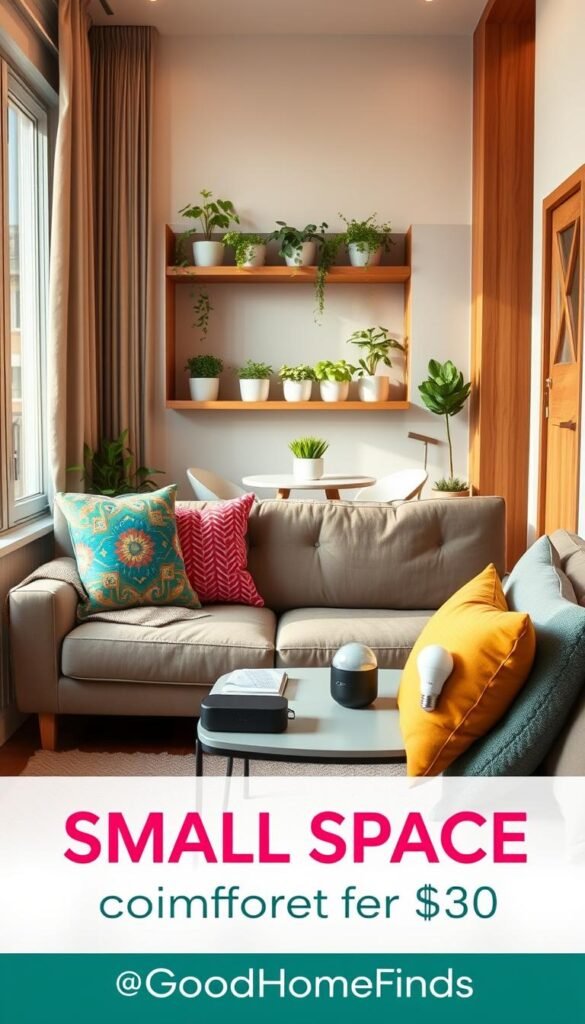 A cozy small apartment interior showcasing the concept of "small space comfort". In the foreground, a stylish, compact sofa adorned with vibrant pillows and a soft blanket. A small, trendy coffee table with tech gadgets under $30, such as a portable speaker and smart bulbs, arranged neatly on it. The middle layer features a well-lit kitchen nook with an herb garden on the windowsill and a compact dining table set for two. The background includes warm wood accents, soothing pastel walls, and a large window letting in soft, natural light, enhancing the inviting atmosphere. The image has a Pinterest-style aesthetic, with a focus on comfort and functionality, branded with "GoodHomeFinds". The angle is slightly elevated, creating a warm, welcoming vibe that highlights the benefits of affordable tech in stylish living.