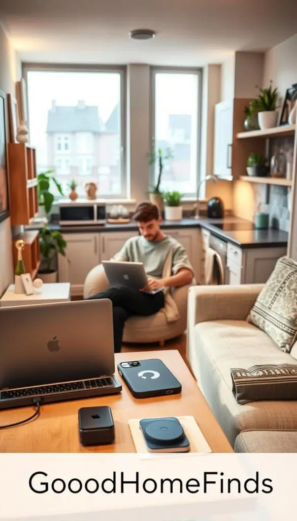 A cozy small apartment interior showcasing the harmonious integration of travel-ready gadgets in everyday life. In the foreground, a compact work desk features a sleek laptop, a portable phone charger, and a stylish organizer with travel documents. A comfortable, modestly dressed individual sits at the desk, focused on their work, emanating a sense of productivity and relaxation. The middle ground reveals a multifunctional kitchen area with modern appliances seamlessly blending into the decor, accentuated by warm, ambient lighting that creates an inviting atmosphere. In the background, large windows allow soft natural light to stream in, highlighting potted plants and travel souvenirs on the shelves. The overall mood is one of efficiency and comfort, perfect for illustrating the benefits of home tech. Designed in a Pinterest-style aesthetic, include subtle branding elements of "GoodHomeFinds" throughout the scene.