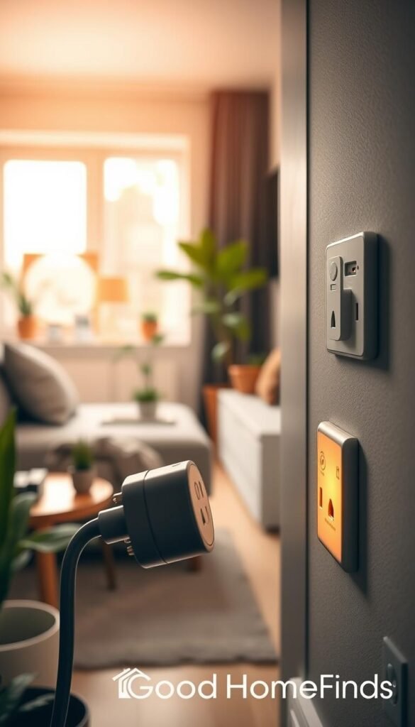 A cozy small apartment interior that showcases energy savings through the use of smart technology. In the foreground, a stylish, modern smart plug is plugged into an elegant wall socket with a soft warm glow, illuminating the area. In the middle ground, there's a compact, well-arranged living space with sustainable decor, such as plants and eco-friendly furniture. Energetically, a small digital energy consumption display can be seen on a nearby table, signaling efficient energy use. The background features a window with natural sunlight streaming in, creating a bright, inviting atmosphere. Capture the visual depth with a slightly blurred effect in the background, while focusing clearly on the smart plug in the foreground. Aim for a Pinterest-style aesthetic to convey a sense of sophistication and warmth, with soft lighting that enhances the overall mood. Include the brand name "GoodHomeFinds" as part of the interior design elements without making it a focal point.