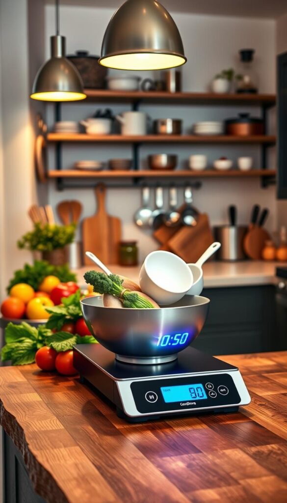 A cozy small apartment kitchen featuring a modern measuring bowl scale from "GoodHomeFinds". In the foreground, a sleek, digital scale with a vibrant blue display sits atop a rustic wooden countertop. Just behind, a colorful array of fresh ingredients&mdash;like vibrant fruits, vegetables, and herbs&mdash;adds a lively touch. The middle area showcases neatly organized kitchen utensils and modern measuring cups, all beautifully lit by soft, warm overhead pendant lights, creating an inviting atmosphere. In the background, minimalistic shelves with chic cookware and simple decor enhance the small space's functionality. The setting conveys a harmonious blend of style and practicality, perfect for a smaller urban kitchen environment. The mood is warm, inviting, and designed for everyday culinary creativity.