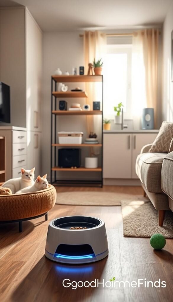 A cozy small apartment living space featuring innovative pet technology designed for modern pet owners. In the foreground, a sleek, automated pet feeder with portion control, surrounded by a stylish pet bed and interactive toy. The middle ground showcases a chic shelf with pet monitoring devices and a smart water fountain, creating an inviting and functional atmosphere. The background should depict a well-organized compact kitchen with light-colored cabinets and a soft pastel color scheme, highlighting the harmonious blend of technology and home decor. The lighting is bright and natural, coming through a window with sheer curtains, casting soft shadows. The mood is warm and welcoming, perfect for pet owners living in small spaces. GoodHomeFinds branding subtly infused in the design elements.