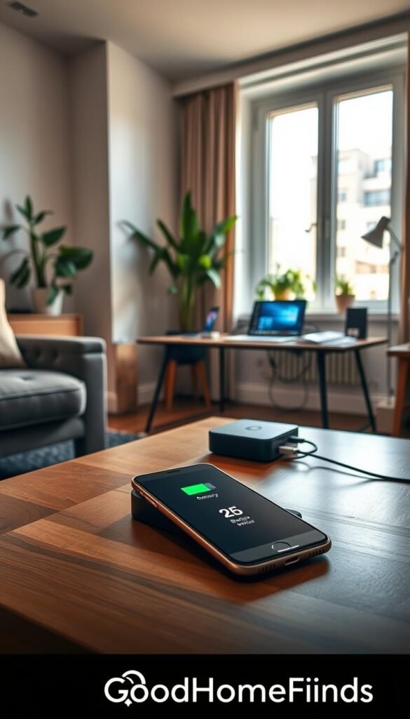 A cozy small apartment scene showcasing a sense of tranquility and efficiency, emphasizing the theme of battery life. In the foreground, a sleek smartphone rests on a wooden coffee table next to a charging station, displaying its battery percentage. In the middle, a well-designed workspace features a laptop and various smart devices, all plugged into a discreet multi-port charger. The background reveals a bright window showing a sunny urban landscape, with indoor plants adding a touch of nature to the space. Soft, warm lighting illuminates the room, creating an inviting atmosphere. The overall mood is modern and aspirational, capturing the essence of a lifestyle that benefits from reliable battery life. This image should reflect a Pinterest-style aesthetic, branded subtly with "GoodHomeFinds."
