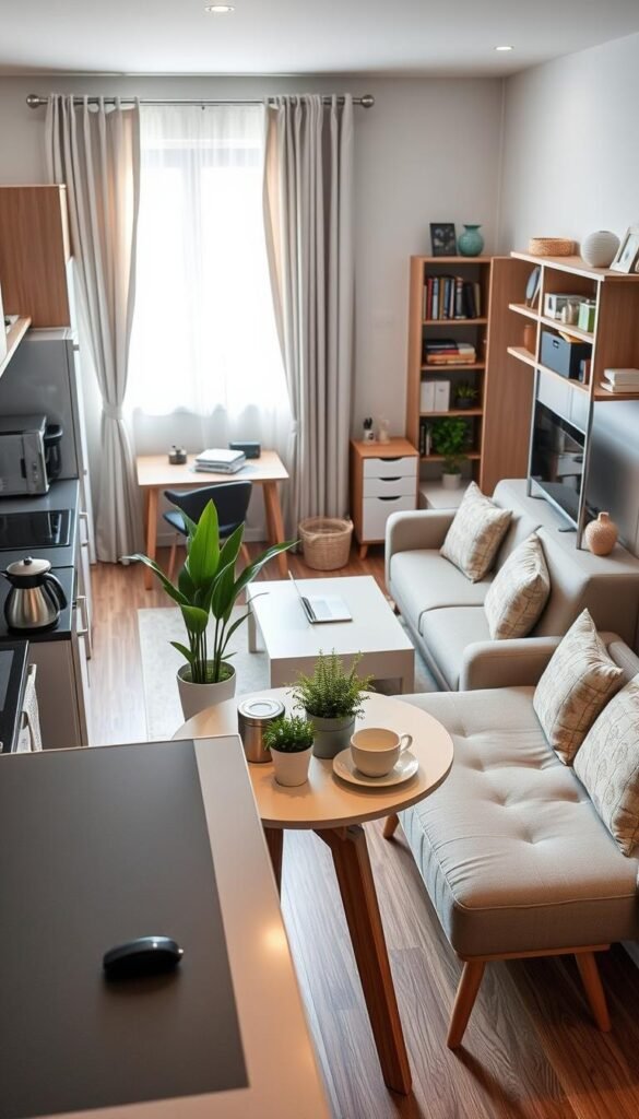 A cozy small apartment setup, showcasing a well-organized living space designed for efficiency. In the foreground, a stylish compact kitchen with modern appliances, a small round dining table set for two, adorned with a vibrant plant and practical gadgets like a coffee maker and a toaster. The middle ground features a comfortable living area with a minimalist sofa, soft throw pillows, and a multifunctional coffee table that doubles as storage. In the background, a neatly arranged shelving unit with books and decorative items, along with a small workspace with a laptop. Natural light streams through a window with sheer curtains, casting a warm glow over the scene. The overall mood is inviting and functional, perfect for urban living. GoodHomeFinds. A cozy small apartment setup, showcasing a well-organized living space designed for efficiency. In the foreground, a stylish compact kitchen with modern appliances, a small round dining table set for two, adorned with a vibrant plant and practical gadgets like a coffee maker and a toaster. The middle ground features a comfortable living area with a minimalist sofa, soft throw pillows, and a multifunctional coffee table that doubles as storage. In the background, a neatly arranged shelving unit with books and decorative items, along with a small workspace with a laptop. Natural light streams through a window with sheer curtains, casting a warm glow over the scene. The overall mood is inviting and functional, perfect for urban living. GoodHomeFinds.