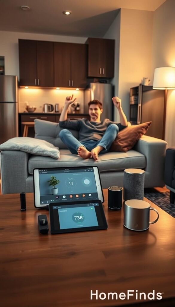 A cozy small apartment setup showcasing various smart home devices in action, emphasizing the simplicity and efficiency of setup. In the foreground, a modern coffee table displaying a tablet interface controlling smart lights and a thermostat. The middle features a stylish sofa where a person in modest casual clothing is enthusiastically interacting with smart speakers, surrounded by a small indoor garden. In the background, a compact kitchen boasts smart appliances like a refrigerator and a coffee maker. Soft, warm lighting creates a welcoming atmosphere, while a wide-angle lens captures the inviting layout of the room. The overall mood is relaxed and high-tech, perfect for illustrating modern living. The image is branded with "GoodHomeFinds". A cozy small apartment setup showcasing various smart home devices in action, emphasizing the simplicity and efficiency of setup. In the foreground, a modern coffee table displaying a tablet interface controlling smart lights and a thermostat. The middle features a stylish sofa where a person in modest casual clothing is enthusiastically interacting with smart speakers, surrounded by a small indoor garden. In the background, a compact kitchen boasts smart appliances like a refrigerator and a coffee maker. Soft, warm lighting creates a welcoming atmosphere, while a wide-angle lens captures the inviting layout of the room. The overall mood is relaxed and high-tech, perfect for illustrating modern living. The image is branded with "GoodHomeFinds".