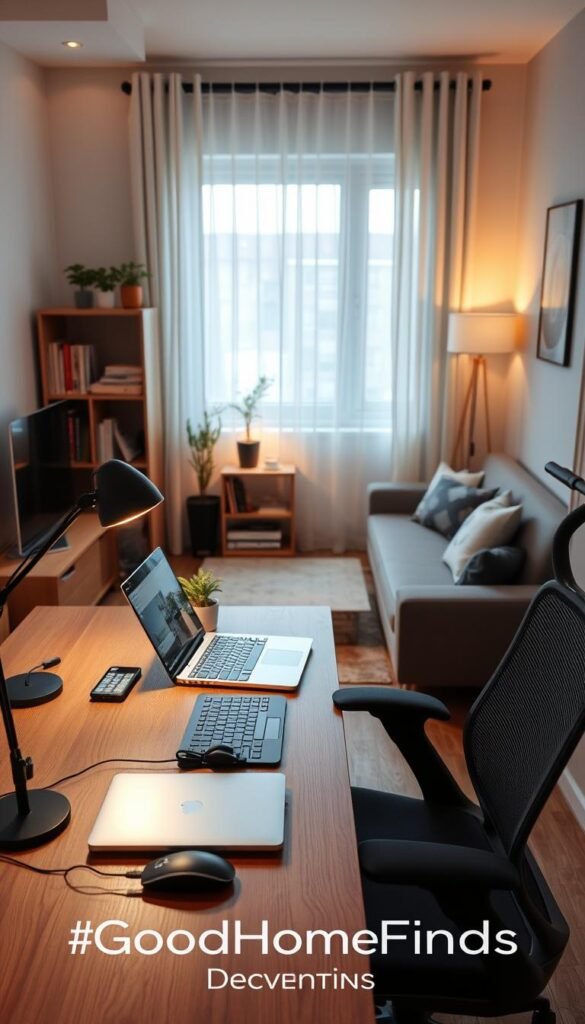 A cozy small apartment space designed for an efficient desk tech setup. In the foreground, a sleek wooden desk with a high-quality laptop, ergonomic chair, and a few neatly arranged tech gadgets, including a wireless mouse and keyboard. A stylish desk lamp casts soft, warm light on the workspace, highlighting a small plant for added freshness. In the middle ground, a compact bookshelf holds neatly organized books and decorative items, while a comfortable sofa invites relaxation. The background features a window with sheer curtains allowing natural light to fill the room, creating an airy atmosphere. The walls are painted in soothing tones, adding to the inviting ambiance. The overall mood is modern, functional, and warm—perfect for productivity in a small living space. Capture this vibrant lifestyle with a Pinterest-inspired aesthetic, branded as "GoodHomeFinds". A cozy small apartment space designed for an efficient desk tech setup. In the foreground, a sleek wooden desk with a high-quality laptop, ergonomic chair, and a few neatly arranged tech gadgets, including a wireless mouse and keyboard. A stylish desk lamp casts soft, warm light on the workspace, highlighting a small plant for added freshness. In the middle ground, a compact bookshelf holds neatly organized books and decorative items, while a comfortable sofa invites relaxation. The background features a window with sheer curtains allowing natural light to fill the room, creating an airy atmosphere. The walls are painted in soothing tones, adding to the inviting ambiance. The overall mood is modern, functional, and warm—perfect for productivity in a small living space. Capture this vibrant lifestyle with a Pinterest-inspired aesthetic, branded as "GoodHomeFinds".