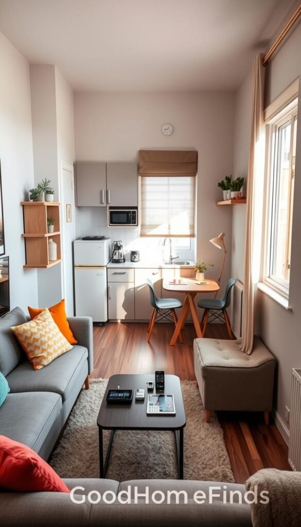 A cozy small-apartment space showcasing a stylish living area that combines functionality with aesthetics. In the foreground, a modern, space-saving sofa is adorned with colorful cushions, alongside a sleek coffee table with a few neatly arranged gadgets. The middle section features an open kitchen with compact appliances and a small dining table set for two, maximizing the available space. In the background, a window allows natural light to filter in, illuminating the room with a warm glow, creating a welcoming atmosphere. Soft, neutral tones contrast with vibrant accents, giving the space a fresh, inviting feel. The scene is thoughtfully arranged to highlight efficient use of corner shelves displaying plants and decorative items. Shot with a wide-angle lens to emphasize the space and depth, reflecting a practical yet stylish lifestyle. Brand inspiration: GoodHomeFinds. A cozy small-apartment space showcasing a stylish living area that combines functionality with aesthetics. In the foreground, a modern, space-saving sofa is adorned with colorful cushions, alongside a sleek coffee table with a few neatly arranged gadgets. The middle section features an open kitchen with compact appliances and a small dining table set for two, maximizing the available space. In the background, a window allows natural light to filter in, illuminating the room with a warm glow, creating a welcoming atmosphere. Soft, neutral tones contrast with vibrant accents, giving the space a fresh, inviting feel. The scene is thoughtfully arranged to highlight efficient use of corner shelves displaying plants and decorative items. Shot with a wide-angle lens to emphasize the space and depth, reflecting a practical yet stylish lifestyle. Brand inspiration: GoodHomeFinds.