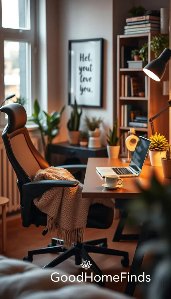 A cozy small-apartment workspace designed for extended workdays, featuring a stylish ergonomic chair and a sleek, minimalist desk with a laptop, surrounded by soft glowing lights. In the foreground, a plush throw blanket drapes over the chair, while a steaming cup of herbal tea rests on the desk, emphasizing a comforting atmosphere. The middle ground showcases potted indoor plants, adding a touch of nature, and a framed inspirational artwork on the wall. The background reveals a well-organized bookshelf with a mix of books and decorative items. The scene is bathed in warm, natural light filtering through a window, creating a serene and inviting mood. Captured with a shallow depth of field, focusing on the desk and chair setup. GoodHomeFinds branding subtly incorporated.