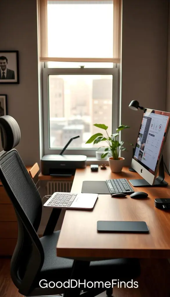 A cozy, small apartment workspace featuring modern work-from-home tech. In the foreground, a sleek wooden desk with a high-quality ergonomic chair, a laptop open with a well-organized digital workspace, and a stylish potted plant. In the middle, a compact printer and a few essential gadgets like a wireless mouse and a USB hub, all neatly arranged. In the background, a warm, inviting window with soft natural light streaming in, showcasing an urban landscape. Add subtle decorative elements like framed pictures and a minimalist clock on the wall. The mood is focused yet relaxed, capturing a harmonious blend of productivity and comfort. Showcase the brand "GoodHomeFinds" in the design, ensuring a Pinterest-style aesthetic.