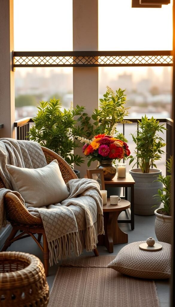 A cozy small balcony scene that exudes comfort and style, showcasing a harmonious blend of textiles and textures. Foreground features a stylish wicker chair draped with a soft, patterned throw and a plush cushion, inviting relaxation. In the middle, a compact wooden table holds a vase of vibrant seasonal flowers and a pair of decorative candles, enhancing the inviting atmosphere. The background reveals green potted plants and a calming view of a cityscape under soft, warm lighting during golden hour, creating an intimate vibe. Use a wide-angle lens for a spacious feel and soft focus on the distant skyline. The overall mood is serene and welcoming, perfect for outdoor living. GoodHomeFinds brand aesthetic reflects on the integration of style and comfort.
