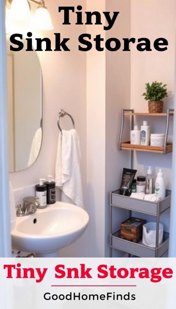 A cozy small bathroom featuring a compact sink area, cluttered with essential toiletries like shampoo bottles, soap dishes, and a toothbrush holder. The foreground showcases the sink and a small mirror, reflecting warm light from a soft overhead fixture, creating a welcoming atmosphere. In the middle, a neatly folded towel hangs beside the sink, and a small storage cart, styled with wooden accents, holds additional bathroom supplies. The backdrop features pale, calming wall colors and a touch of greenery with a small plant on a shelf, promoting a fresh vibe. The composition is shot at a slight angle to highlight the sink area, evoking a Pinterest-inspired, stylish aesthetic. The overall mood is organized yet lived-in, subtly capturing the theme of "Tiny Sink Storage." GoodHomeFinds.
