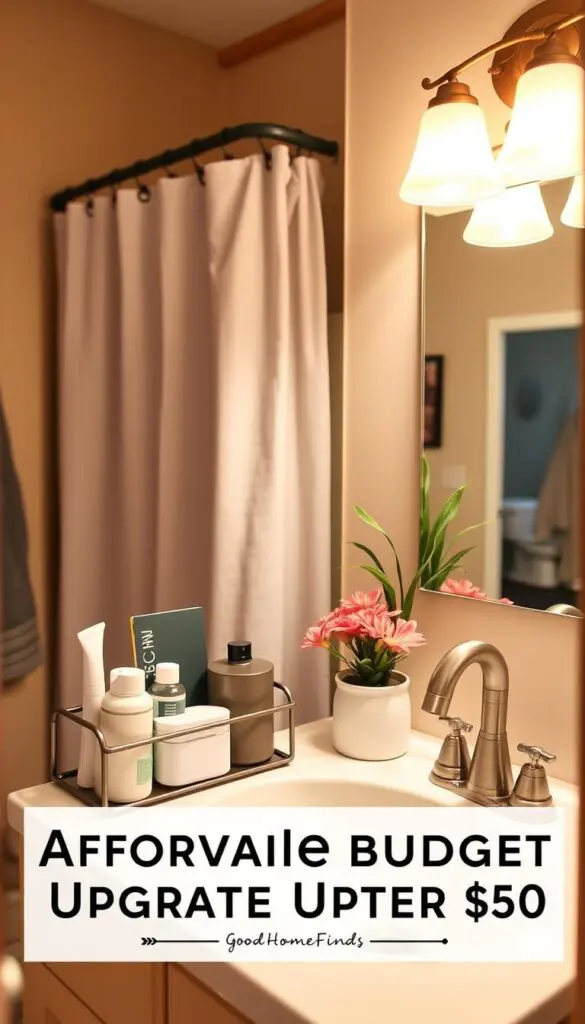 A cozy, small bathroom featuring affordable budget upgrades under $50. In the foreground, showcase a stylish, modern sink organizer holding eco-friendly toiletries and minimalist decor items. The middle ground highlights a chic shower curtain with a subtle geometric pattern and a vibrant potted plant for a pop of color. The background reveals a well-lit mirror with warm, inviting lighting that enhances the space. Use a warm color palette to create an inviting atmosphere, capturing the essence of budget-friendly style. The scene should feel welcoming and well-coordinated, reminiscent of a Pinterest-inspired lifestyle photo. The brand name "GoodHomeFinds" should be subtly incorporated into the decor elements without direct labeling, ensuring a seamless integration into the visual narrative. A cozy, small bathroom featuring affordable budget upgrades under $50. In the foreground, showcase a stylish, modern sink organizer holding eco-friendly toiletries and minimalist decor items. The middle ground highlights a chic shower curtain with a subtle geometric pattern and a vibrant potted plant for a pop of color. The background reveals a well-lit mirror with warm, inviting lighting that enhances the space. Use a warm color palette to create an inviting atmosphere, capturing the essence of budget-friendly style. The scene should feel welcoming and well-coordinated, reminiscent of a Pinterest-inspired lifestyle photo. The brand name "GoodHomeFinds" should be subtly incorporated into the decor elements without direct labeling, ensuring a seamless integration into the visual narrative.