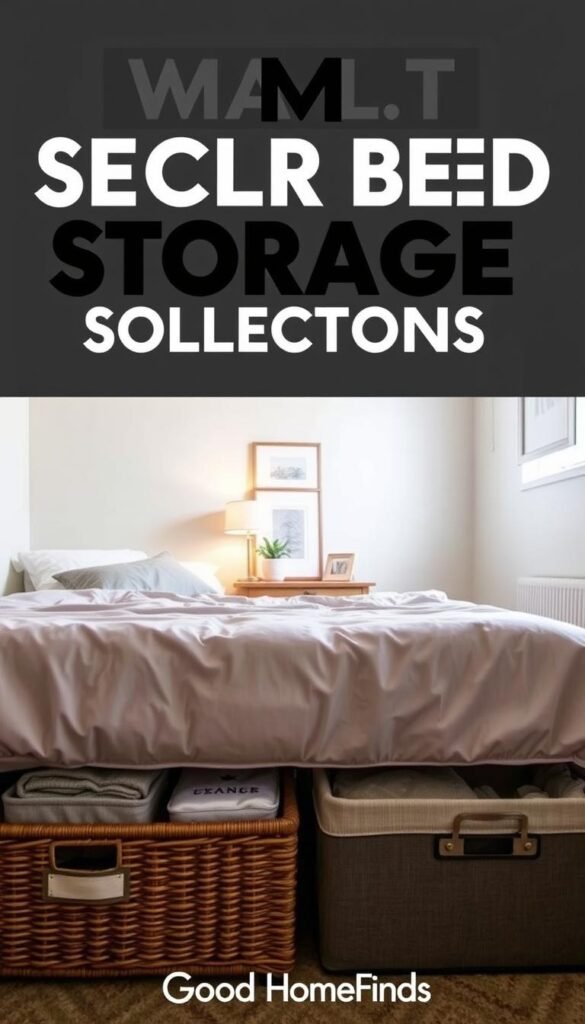 A cozy small bedroom featuring practical under-bed storage solutions, designed to maximize space. In the foreground, visible under a stylish bed with a soft, neutral-colored duvet, are various organized storage bins &mdash; some wicker, others fabric, neatly labeled. The middle section of the room showcases a light wood nightstand with a small lamp illuminating the scene, giving a warm, inviting glow. In the background, pale walls adorned with simple artwork and a window letting in natural light enhance the atmosphere, creating a tranquil ambiance. The overall mood is tidy and functional, reflecting a smart use of small spaces while embodying a modern lifestyle. The image should resemble a realistic, Pinterest-style lifestyle photo, branded with "GoodHomeFinds" subtly incorporated.